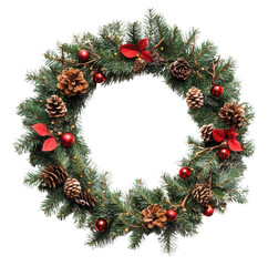 festive holiday wreath with pinecones and berries, cut out - stock png.