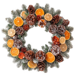 Wall Mural - holiday wreath with dried oranges, pinecones, cut out - stock png.