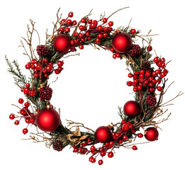 Wall Mural - holiday wreath with red berries and ornaments, cut out - stock png.