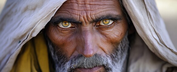 Close-up Portrait of an Elderly Man with a White Beard and Golden Eyes