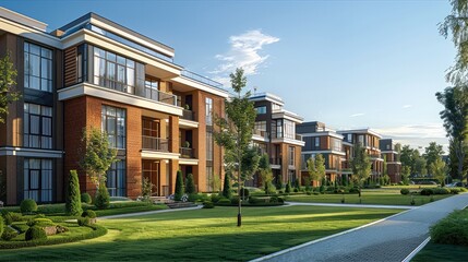 Poster - A residential complex featuring modern, four-story buildings. The buildings designed in a contemporary style, with large windows, clean lines, and a combination of materials such as brick and glass.