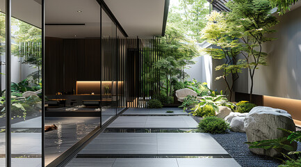 Poster - Chinese style villa interior design, minimalist modern Chinese architecture courtyard garden, black wood and white walls with green plants in the corner of the room. Generative AI.
