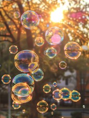 Poster - Colorful soap bubbles floating in the air, with sunlight shining through them. Generative AI.