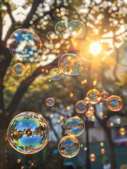 Poster - Colorful soap bubbles floating in the air, with sunlight shining through them. Generative AI.