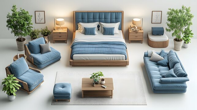 Modern bed, armchair, and sofa set rendered in 3D isometric cartoon style, placed against a white background.