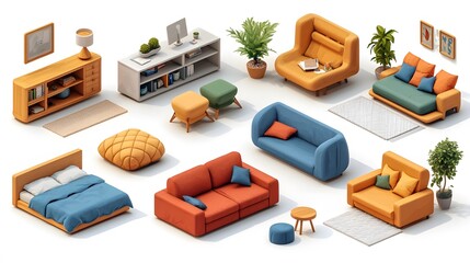 Modern interior furniture pieces, including a bed, armchair, and sofa, rendered in 3D isometric cartoon style on a white backdrop.