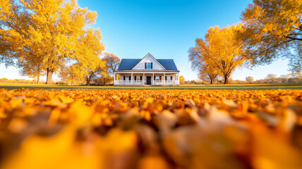 Wall Mural - Wide angle shot of a ranch house surrounded by autumn trees with golden leaves scattered on the ground under a clear blue sky 