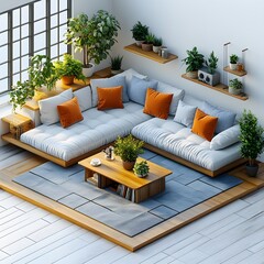 Leinwandbilder - Minimalist white background with a 3D isometric cartoon rendering of a modern sofa and tables, showcasing interior design elements.