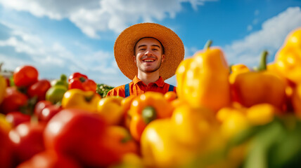 Sticker - Wide angle view of a joyful farmer with a straw hat greeting customers at an autumn market stall overflowing with seasonal vegetables and fruits warm and vibrant fall atmosphere 