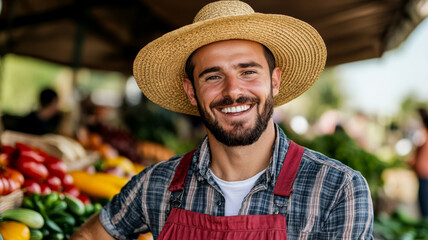 Wall Mural - Wide angle view of a joyful farmer with a straw hat greeting customers at an autumn market stall overflowing with seasonal vegetables and fruits warm and vibrant fall atmosphere 