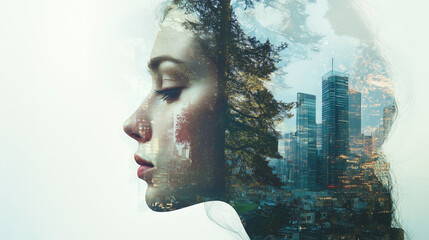 A captivating double exposure image blending the profile of a woman with a vibrant cityscape. The city lights and skyscrapers merge seamlessly with the contours of her face.