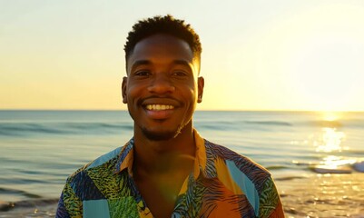 Sticker - Joyful Zimbabwean Man Smiling at the Ocean During Sunset