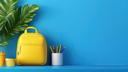 Poster - A 3D-rendered school desk with a yellow backpack and school accessories placed on a blue background, creating a vibrant and modern back-to-school visual.