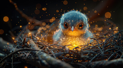 Canvas Print - A Magical Baby Bird Nestled in Sparkles