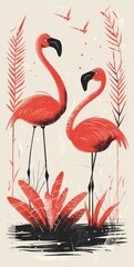 Stylized flamingo illustration with a vintage red background and sun