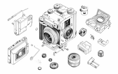 High-Resolution Black and White Line Drawing of Exploded Camera View, Detailed Technical Illustration with Camera Components and Mechanical Assembly Parts