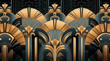 Wall Mural - An elegant Art Deco pattern featuring golden arches and geometric shapes on a dark background. The design showcases intricate details and a luxurious aesthetic, reminiscent of the 1920s style.