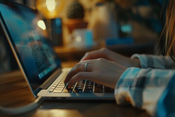 Wall Mural - A woman focused on her laptop, typing intently in a dimly lit room during the night, A close-up of a professional looking person working on a laptop.AI generated