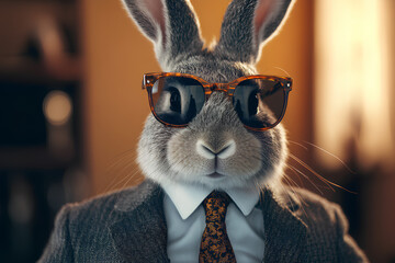 Wall Mural - a rabbit wears sunglasses and a suit with a tie