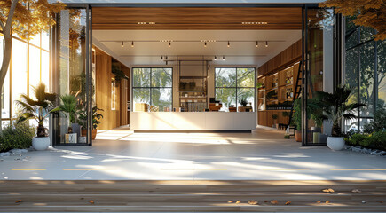 Aufkleber - Storefront composed of white and wood grain, kitchen showroom, big sunny day, walkway, warm lighting. Generative AI.