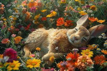 Canvas Print - A Sleepy Bunny in a Field of Flowers