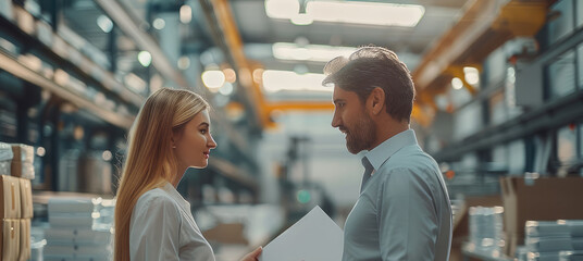 Poster - A businessman receiving a paper award and shaking hand with a woman, inside a clean factory. modern open-plan office. Generative AI.