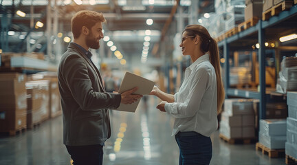 Poster - A businessman receiving a paper award and shaking hand with a woman, inside a clean factory. modern open-plan office. Generative AI.
