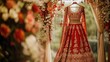 © KYR - A rich red and gold bridal lehenga hanging in a lavish room, evoking the grandeur and cultural significance of Indian weddings.