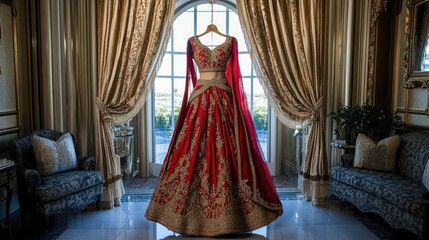 A rich red and gold bridal lehenga hanging in a lavish room, evoking the grandeur and cultural significance of Indian weddings.