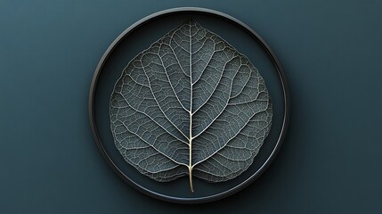 Sticker - Skeletonized Leaf in a Black Circular Frame Against a Teal Background