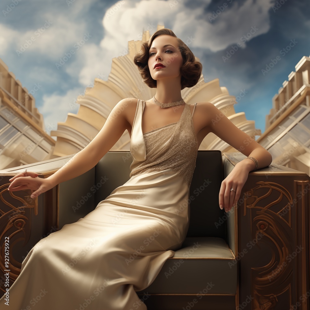 A glamorous art deco woman in a vintage-style gown sits elegantly on a ...