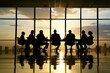 © Tanu - Dark outlines of business individuals seated at a conference table, symbolizing a meeting focused on strategic planning, A group of professionals in a boardroom having a discussion. AI generated