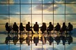 © Tanu - Silhouetted figures of business people at a conference table, representing a professional gathering for decision-making, A group of professionals in a boardroom having a discussion. AI generated
