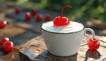 A white cup contains yogurt with a cherry on top, making people mouth watering.