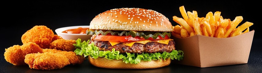 Tasty and appetizing fast food on a black background.