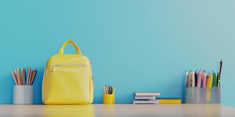 Poster - Yellow backpack and stationery on a wooden table against a blue wall
