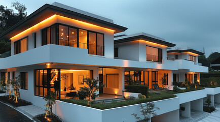 Poster - A combined terrace houses design beautiful exterior with white theme and minimal orange lightings. Generative AI.