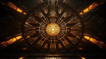 A futuristic, art deco sun ornate ceiling design featuring intricate patterns and a central glowing light. The color scheme includes gold and warm orange tones.