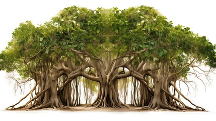 A large, lush banyan tree with many thick branches and roots on a white background.