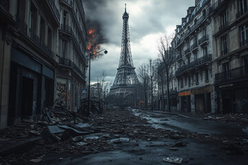 A desolate street in Paris with a partially destroyed Eiffel Tower amidst smoke and devastation