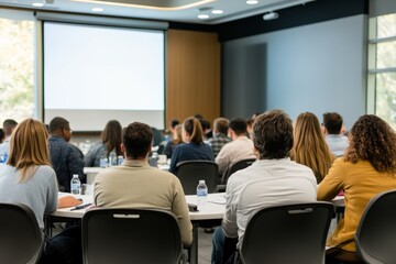 Wall Mural - A group of professionals participates in a seminar, attentively watching a presentation on a projector screen with round tables set in a modern room