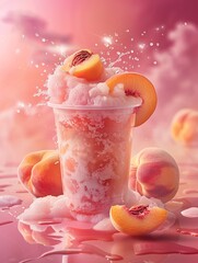 Wall Mural - Commercial photography, peach fruit drink, to go cup, pink gradient background