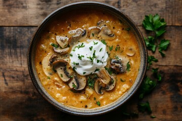 Poster - A bowl filled with hearty mushroom soup, enhanced by a creamy dollop of sour cream and fresh herbs, beautifully presented on a rustic wooden surface