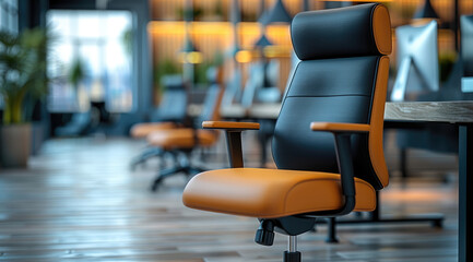 Poster - Office desk and ergonomic office chairs in modern office. modern open-plan office. Generative AI.