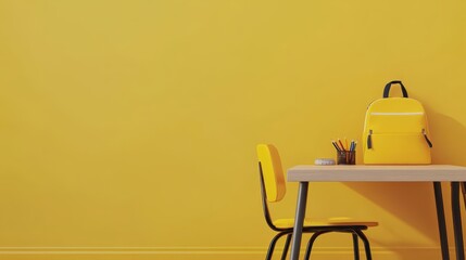 Poster - Yellow school backpack and stationery on a yellow wall
