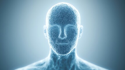 Poster - A digital representation of a human face in glowing blue lines, symbolizing technology and futurism.