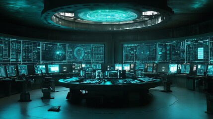 Poster - A digital space exploration control room with interactive star maps and spacecraft monitors