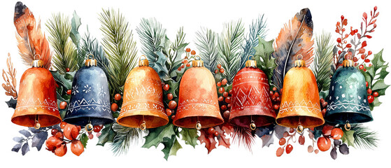 A colorful arrangement of decorative bells surrounded by vibrant foliage, perfect for festive and seasonal designs.