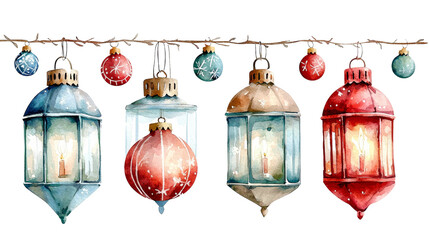 Colorful lanterns adorned with festive ornaments, creating a warm and cheerful atmosphere for holiday celebrations.