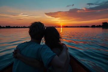 Wall Mural - A picturesque sunset view featuring a couple on a boat, enveloped in the warm glow of the setting sun, A pair of spouses holding each other close during a romantic sunset boat ride, AI generated